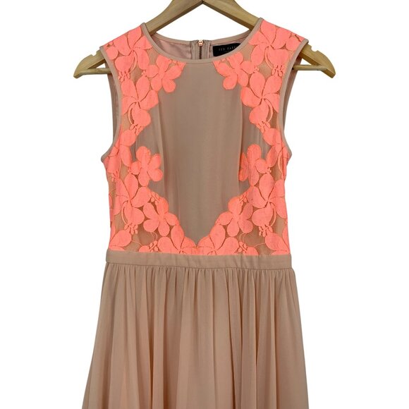 Ted Baker Fit & Flare Blush Dress Neon Floral Sleeveless Chiffon S RX10449 - Picture 2 of 9